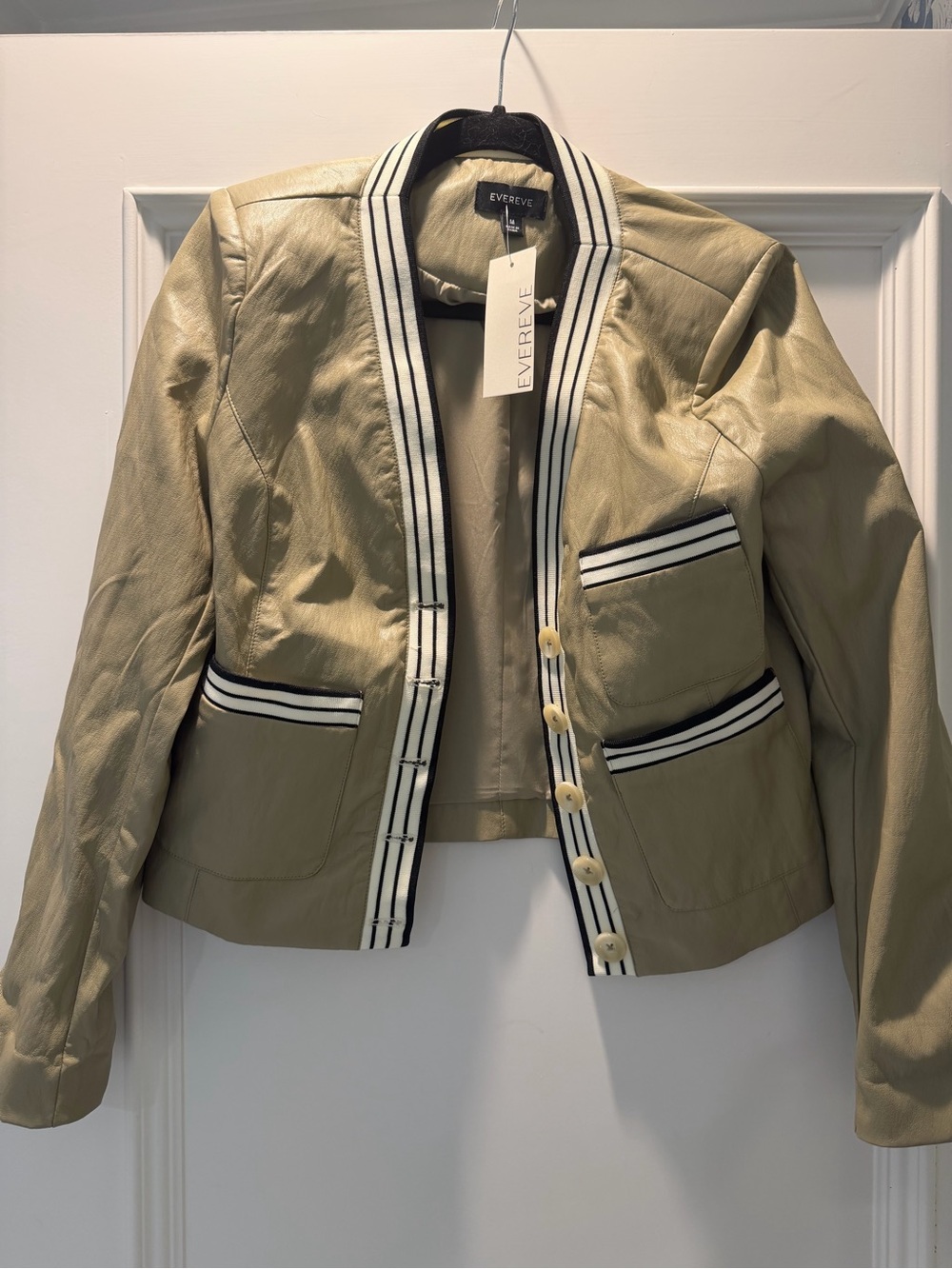 Evereve Women's Tan Leather Jacket with Black & White Stripe Trim
